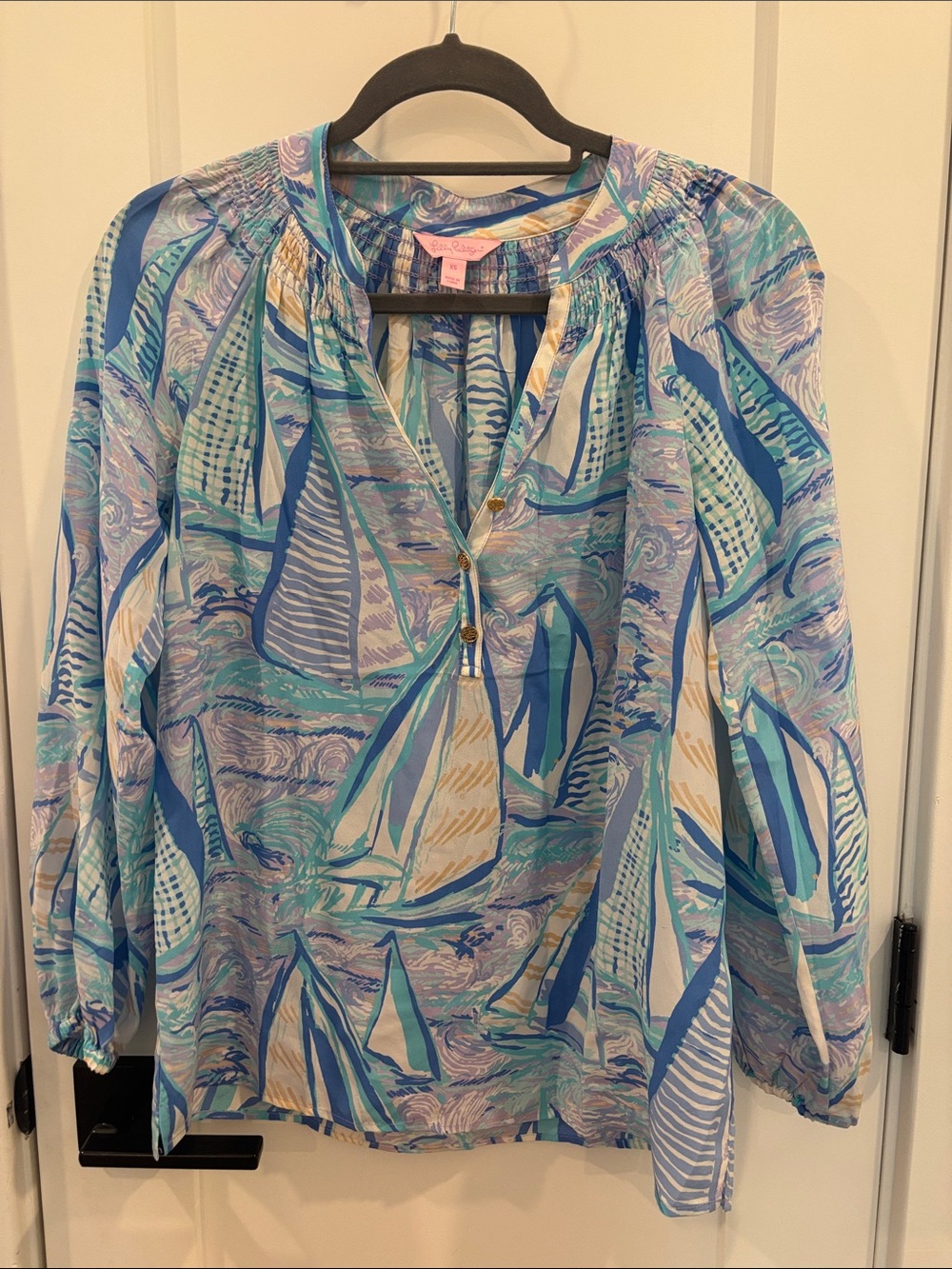 Lilly Pulitzer Blue Multicolor Sailboat Peasant Blouse